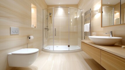 Modern beige bathroom interior design, shower, sink