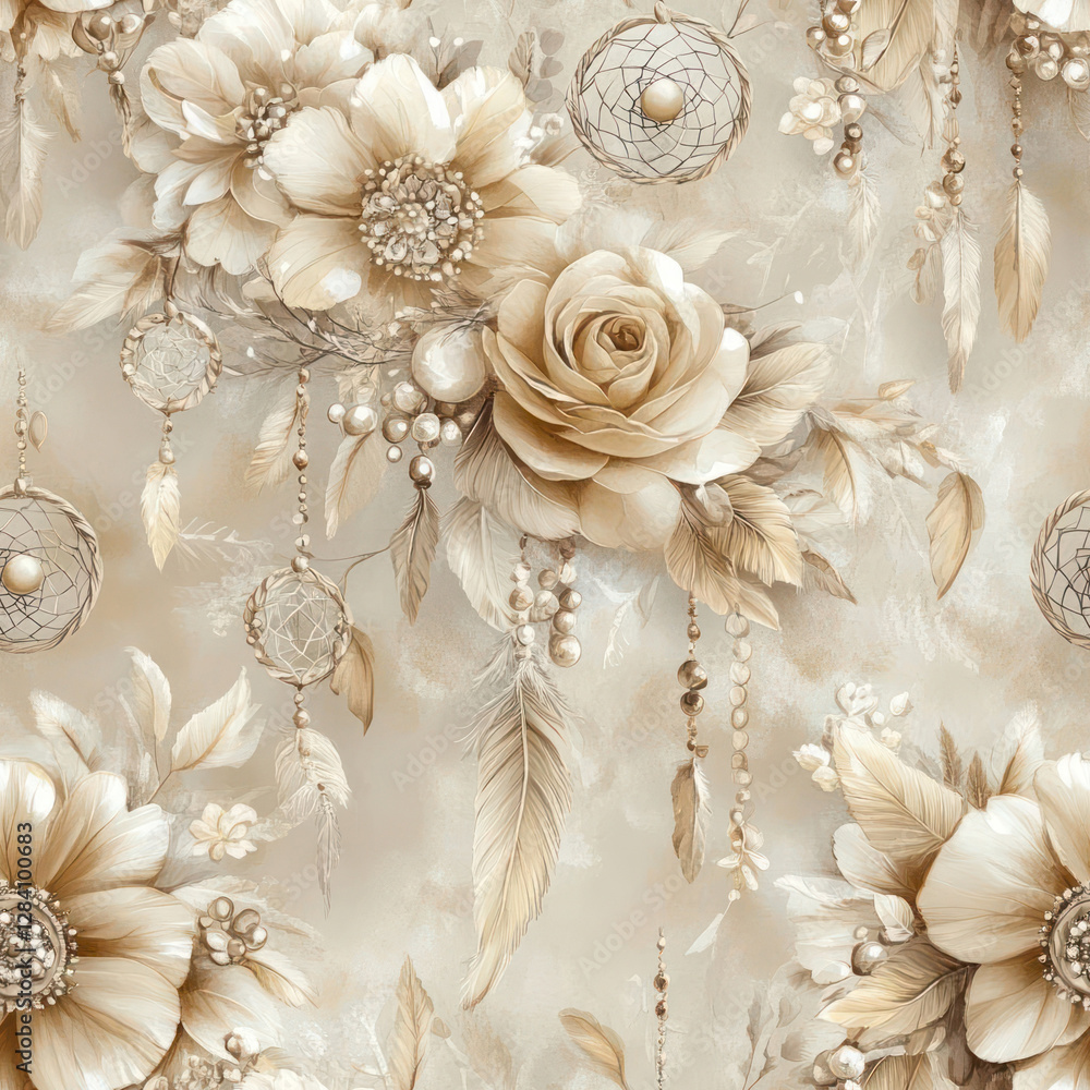 Poster elegant cream floral pattern with dreamcatchers . seamless pattern. repeating pattern.