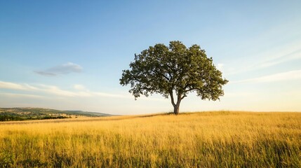 Obraz premium Lone oak tree on a golden field under clear blue skies in a tranquil landscape : Generative AI