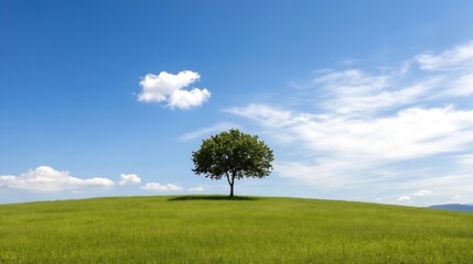 Obraz premium Lone tree standing on a vibrant green hill against a bright blue sky : Generative AI