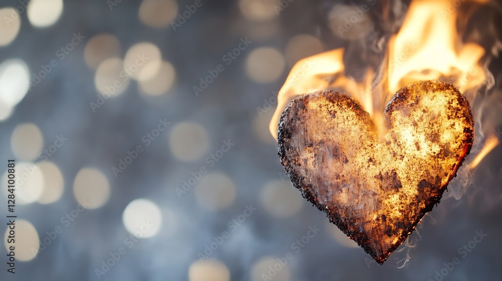 Leinwandbilder burnt heart shape surrounded by smoke on a blurred background with festive bokeh lights effect : gen