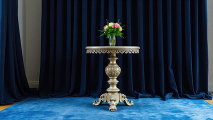 an image showcasing a vintage, decorative pedestal table in the center, surrounded by dark blue velvet curtains and a matching blue rug