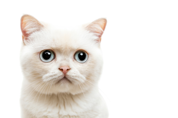 A close-up of a white cat with teary eyes and a pouting mouth, showing a distressed yet adorable expression, surrounded by the empty white space.