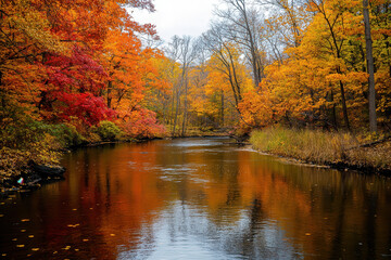 Vibrant autumn forest with colorful leaves and a meandering river