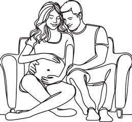 Line Drawing of Joyful Pregnant Woman and Supportive Husband