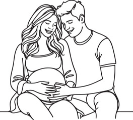 Line Drawing of Joyful Pregnant Woman and Supportive Husband