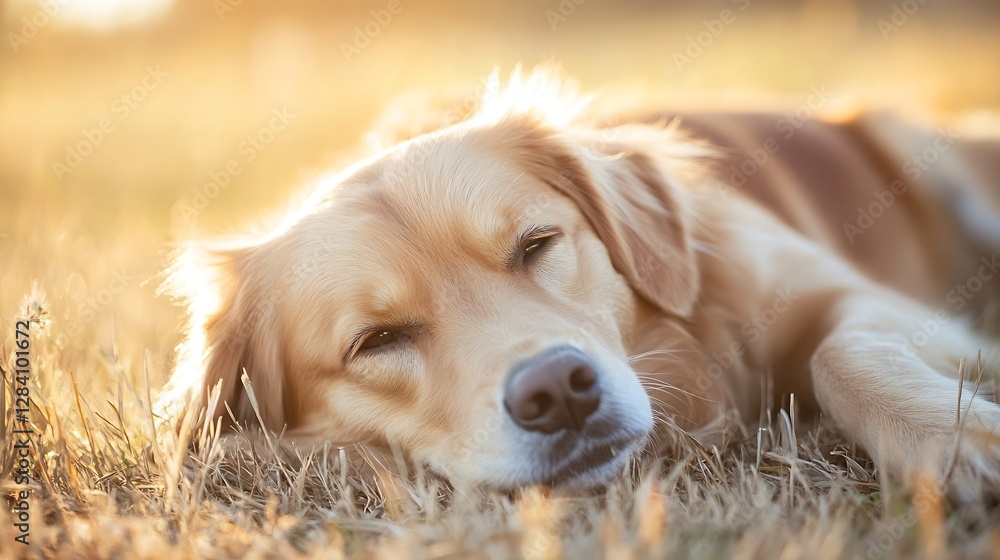 Poster beautiful golden retriever dog relaxing peacefully in the warm grass under sunlight in a serene sett