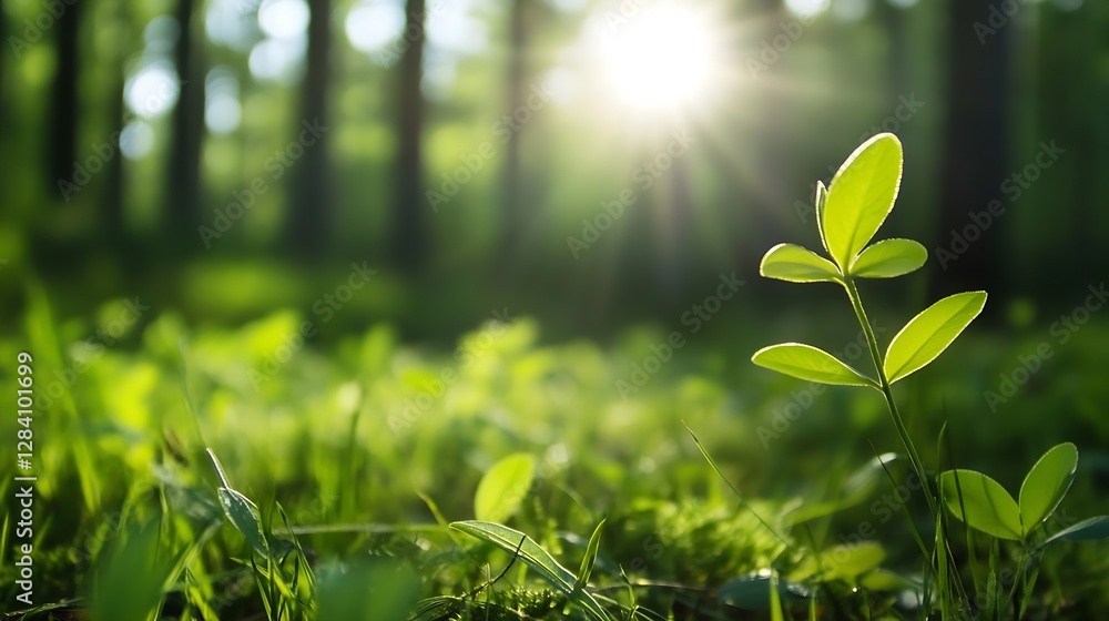 Poster vibrant green leaves shine brightly in soft sunlight filtering through a forest : generative ai
