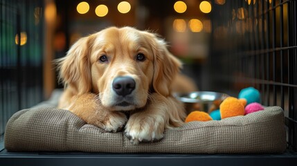 Golden retriever relaxing comfortably in cozy crate with toys and food bowls in a animal hotel during evening light indoors. Animal shelter. Refuge for homeless animals. With copy space