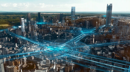 Fototapeta premium A futuristic smart city with glowing blue digital pathways representing AI-powered urban infrastructure and advanced connectivity systems 