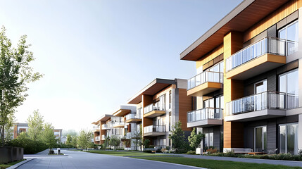 Modern Apartment Buildings With Wooden Accents And Glass Balconies Under Bright Blue Sky