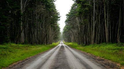 Naklejka premium Straight Dirt Road Through Dense Green Forest With Lush Vegetation Under Bright Daylight
