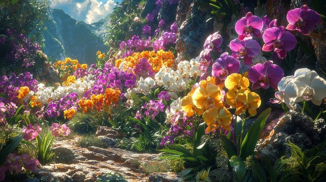 Vibrant orchid blooming landscape tropical garden nature photography lush environment wide-angle view serenity
