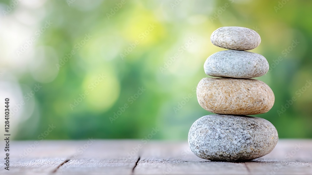 Poster zen stone stack symbolizing balance and tranquility on a rustic wooden table against a blurred green