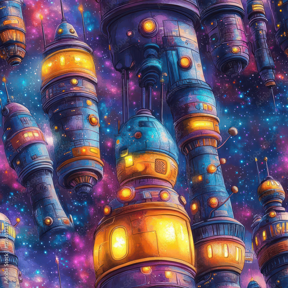 Aufkleber floating spaceships in space background. possible use wallpaper, fabric design . seamless pattern. r