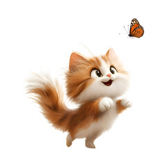 A Fluffy 3D Cartoon Cat Flying with Butterfly Isolated on Transparent Background