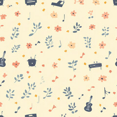Floral Music Pattern Instruments, Flowers, Notes. Fabric, Wallpaper, Design