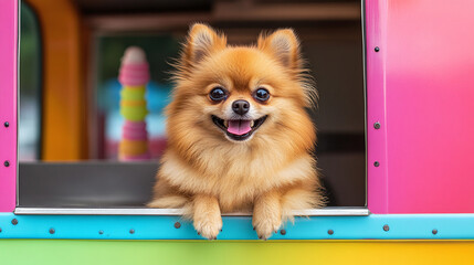 A pomeranian dog sitting in a colourful ice cream truck.