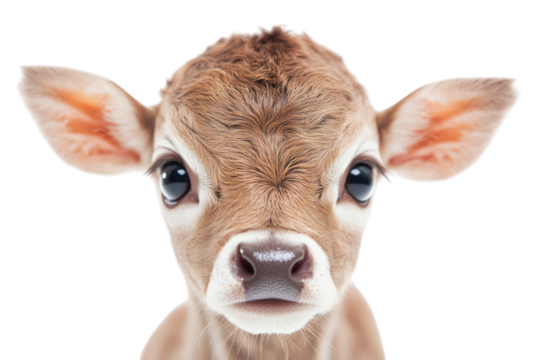 A close-up shot of a baby calf with large, expressive brown eyes and a soft, velvety nose, its small, rounded ears catching the light, exuding cuteness.