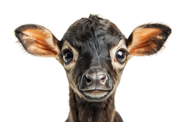 Obraz premium A close-up shot of a baby calf with large, expressive brown eyes and a soft, velvety nose, its small, rounded ears catching the light, exuding cuteness.