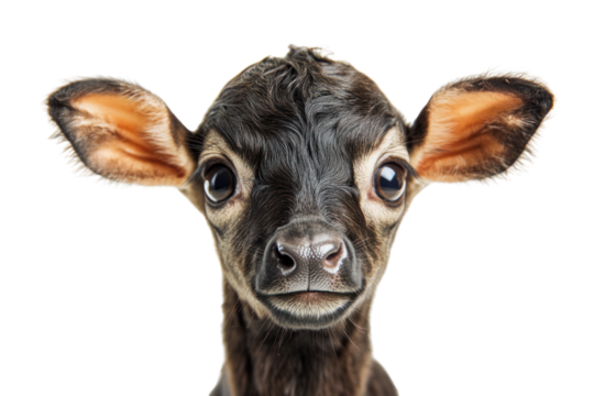 A close-up shot of a baby calf with large, expressive brown eyes and a soft, velvety nose, its small, rounded ears catching the light, exuding cuteness.