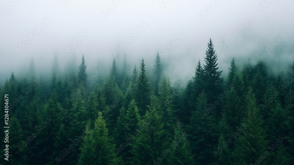 Poster Foggy forest landscape with evergreen trees creating a serene and mystical atmosphere in nature : Generative AI