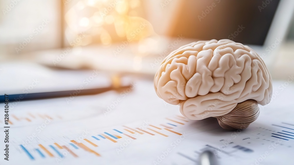 Poster realistic model of a human brain on a document with statistical graphs highlighting neuroscience : g