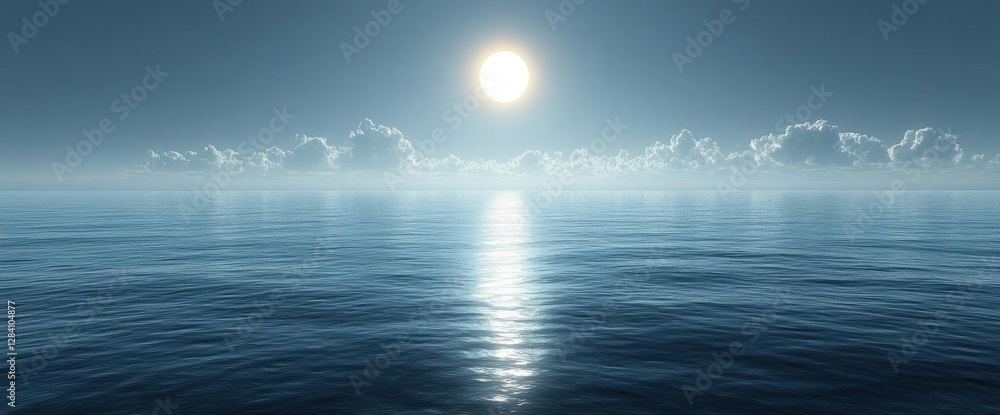 Poster bright sunlight shines over open blue ocean surface with soft hazy clouds on the horizon creating a 