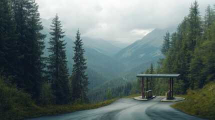 Toll booth on a winding mountain road with tall trees and scenic overlooks. Featuring majestic views and adventurous drives