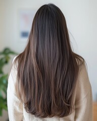 Naklejka premium A serene image showcasing the back of a person with long, straight, dark hair in soft light.
