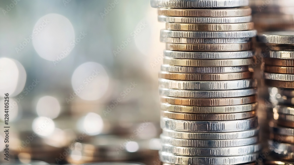 Poster stacked coins glimmering in the light showcasing financial wealth : generative ai