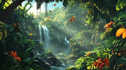 Lush Tropical Paradise: Waterfall Oasis in a Vibrant Jungle