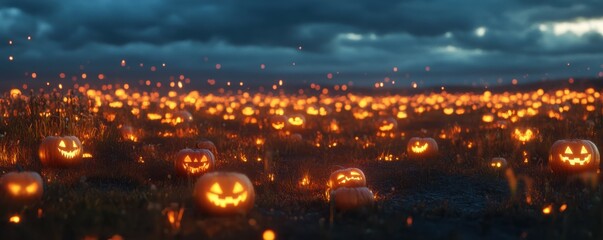 Glowing jack-o'-lanterns in a spooky field at night with eerie clouds and flickering lights