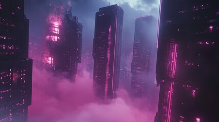 A cityscape with pink buildings and a pink cloud