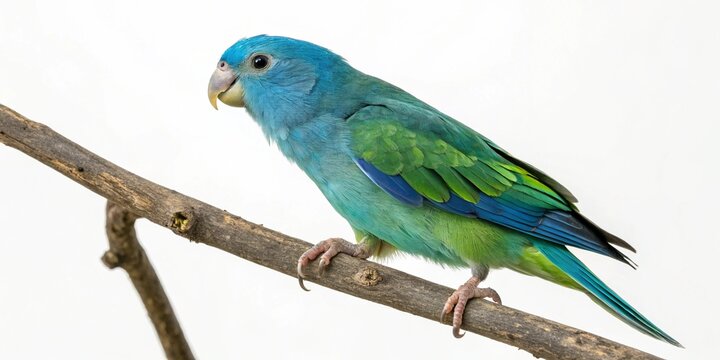 blue winged parrotlet on branch true parrot isaolted on white background