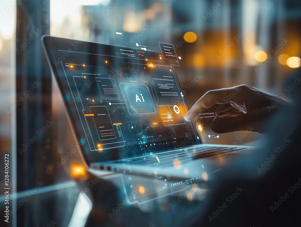 Fototapete artificial intelligence technology concept, a hand using a laptop with a digital interface and icons