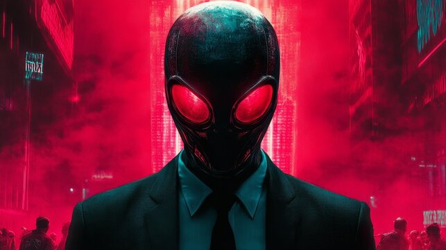 A man in a suit and tie with red eyes and a black mask on his face