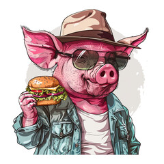 A anthropomorphic  pig with a  burger 
