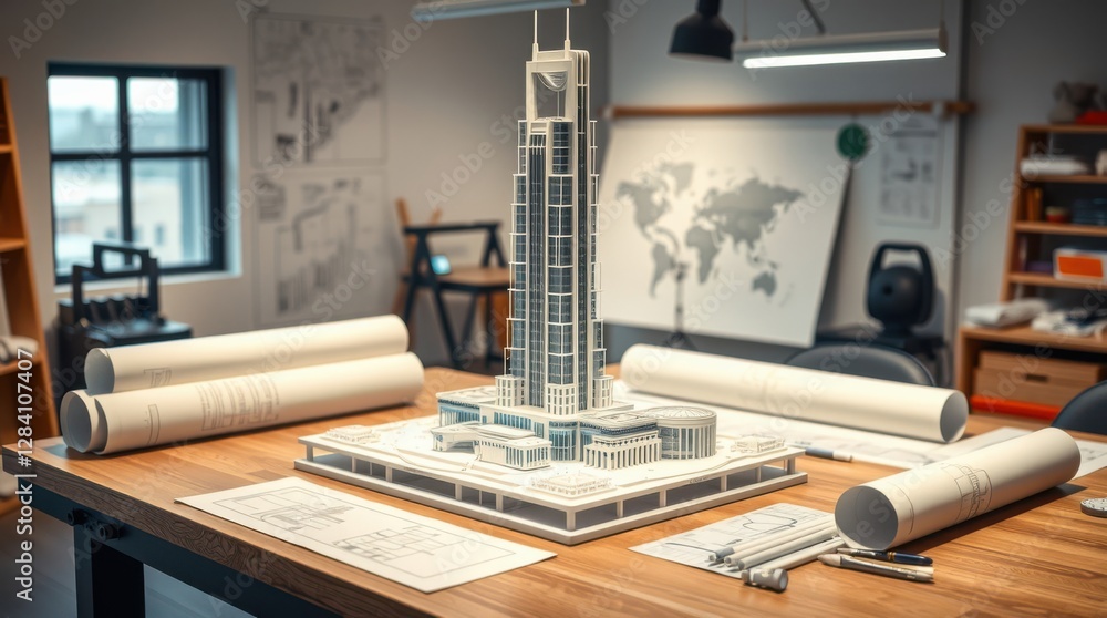 Poster architectural model: a detailed miniature skyscraper design surrounded by blueprints and a world map