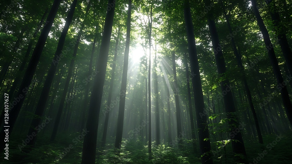 Poster majestic light rays through lush green forest canopy in serene environment : generative ai