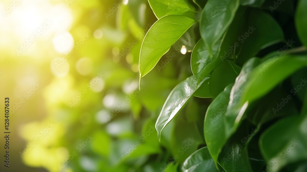 Aufkleber Close up view of vibrant green leaves with soft sunlight illuminating the background creating a serene atmosphere : Generative AI