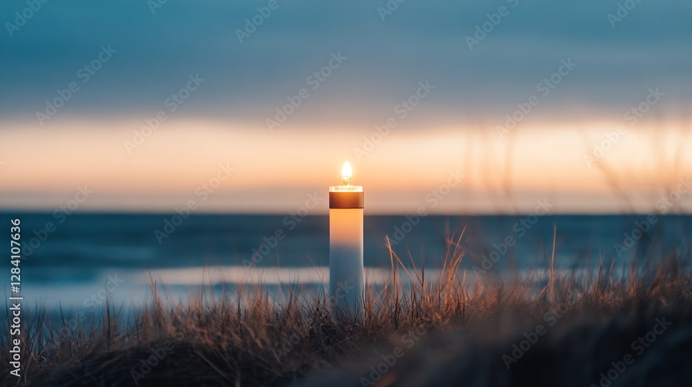 Poster serene beach scene featuring a lit candle illuminated by a tranquil sunset over the ocean : generati