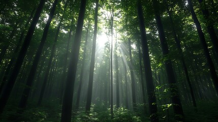 Obraz premium Majestic Light Rays Through Lush Green Forest Canopy in Serene Environment : Generative AI