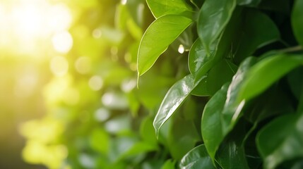 Obraz premium Close up view of vibrant green leaves with soft sunlight illuminating the background creating a serene atmosphere : Generative AI