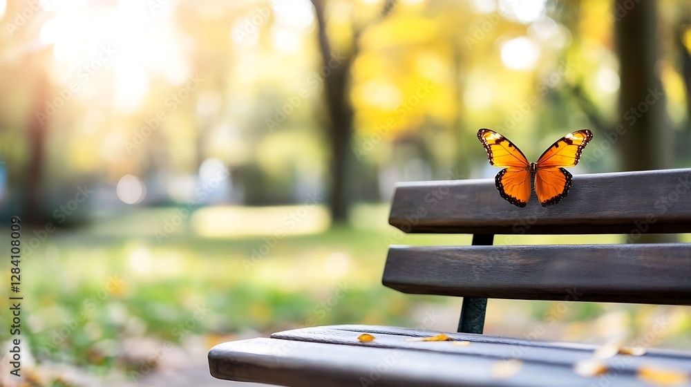 Poster beautiful butterfly resting on park bench surrounded by soft autumn sunlight creating a vibrant natu
