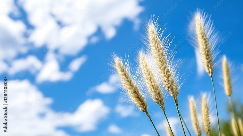 Poster golden wheat stalks swaying gently under a bright blue sky with fluffy clouds in the background : ge