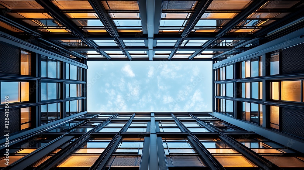 Poster looking up at modern building architecture with sky and window patterns