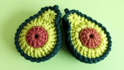 two crocheted avocado halves with detailed textures and vibrant colors, set against a green background