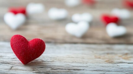 Obraz premium Cute Red and White Felt Hearts on Rustic Wooden Surface Creating a Sweet Ambiance : Generative AI