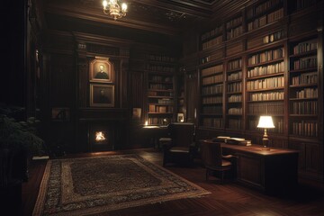 Dark study, bookshelves, fireplace, night, reading